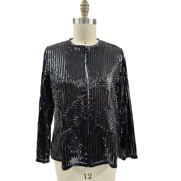 Women's Laura Ashley Black Shining Polyurethane Semi Sheer Zip Up Jacket Sz M - Picture 1 of 5